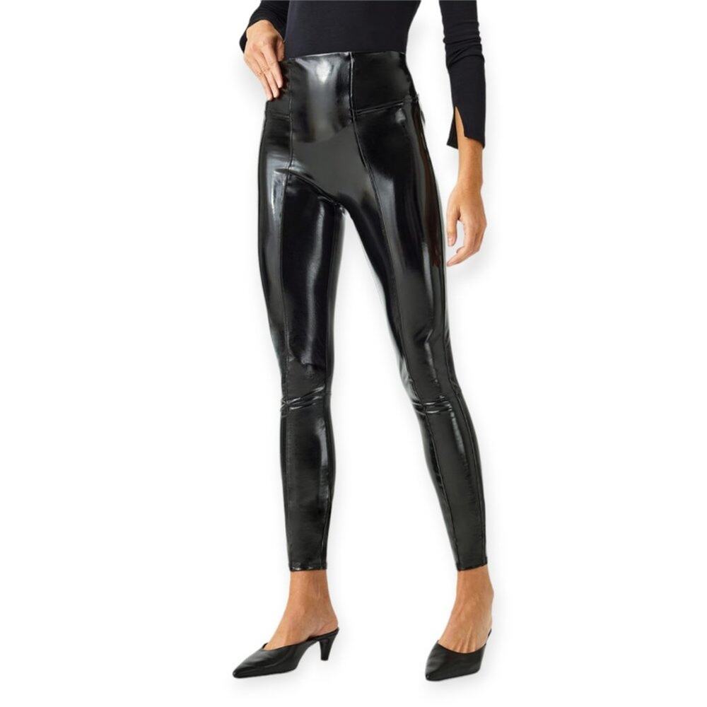 SPANX Faux Patent Leather Leggings SIZE S Black Shiny Skinny Pull-On Pants